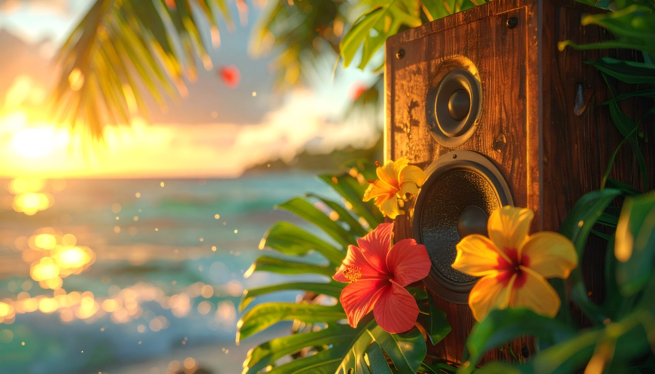 Eine Musikbox am Strand umgeben von tropischen Pflanzen